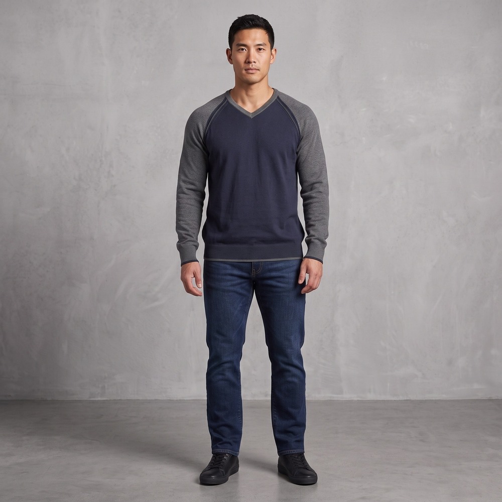 Sebastian Cooper Mens XL Blue Grey V-Neck Sweater Cotton Raglan Colorblock Knit